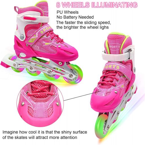  ZALALOVA Inline Skates for Kids, 4 Size Adjustable Skates with Shiny Surface and Light Up Wheels Beginner Pink Roller Skates for Girls