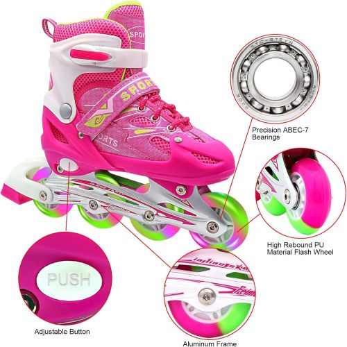  ZALALOVA Inline Skates for Kids, 4 Size Adjustable Skates with Shiny Surface and Light Up Wheels Beginner Pink Roller Skates for Girls