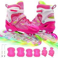 ZALALOVA Inline Skates for Kids, 4 Size Adjustable Skates with Shiny Surface and Light Up Wheels Beginner Pink Roller Skates for Girls