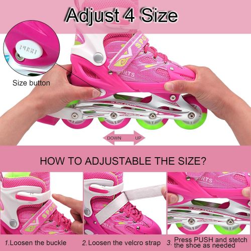  ZALALOVA Inline Skates for Kids, 4 Size Adjustable Skates with Shiny Surface and Light Up Wheels Beginner Pink Roller Skates for Girls