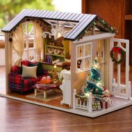ZAMTAC DIY Christmas Miniature Dollhouse Kit Vintage Home Decoration Accessories Modern Mini 3D LED Wooden House Room Childrens Gift