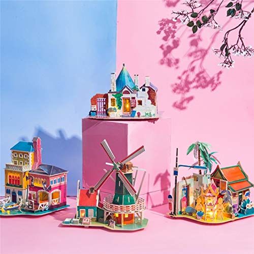  ZAMTAC Robotime DIY Wooden City Puzzle Home Accessories Table Decoration Figurine Miniature Dollhouse Kits Gift for Living Girl Room SJ - (Color: Dutch Windmill)