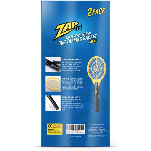  ZAP IT! Bug Zapper Twin Pack - Battery Powered (2xAA) Mosquito, Fly Killer and Bug Zapper Racket - 3,500 Volt - Safe to Touch