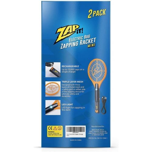  ZAP IT! Bug Zapper Rechargeable Bug Zapper Racket, 4,000 Volt, USB Charging Cable, 2 Pack