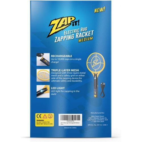 ZAP IT! Bug Zapper Rechargeable Bug Zapper Racket W/ Blue Light Attractant, 4,000 Volt, USB Charging Cable