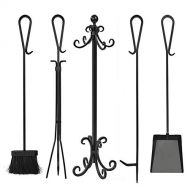 ZAY 5 Pieces Fireplace Tools Tool Set, Wrought Iron Fire Set Fire Place Pit Poker Wood Stove Log Tongs Holder Tools Kit Sets, Black