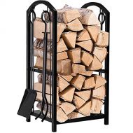 ZAY Large Fireplace Log Holder with Tools, Wrought Iron Firewood Holders, Indoor Outdoor Wood Stove Fireplace Wood Stacking Wood Storage Kit
