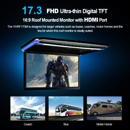  [아마존베스트]Zbark 17.3 Car Overhead Flip Down Monitor Screen Dispaly 1080P Video HD Digital TFT Screen Wide Screen Ultra-Thin Mounted Car Roof Player HDMI IR FM USB SD