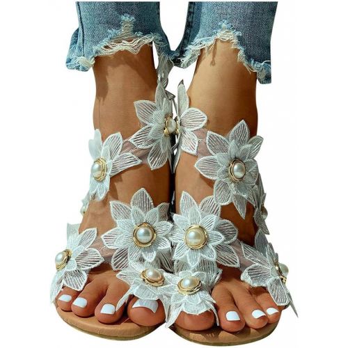  ZBYY Womens Floral Pearl Flat Sandals Gladiator Toe Ring Beach Shoes Bohemian Comforty Summer Flat Flip Flops Shoes