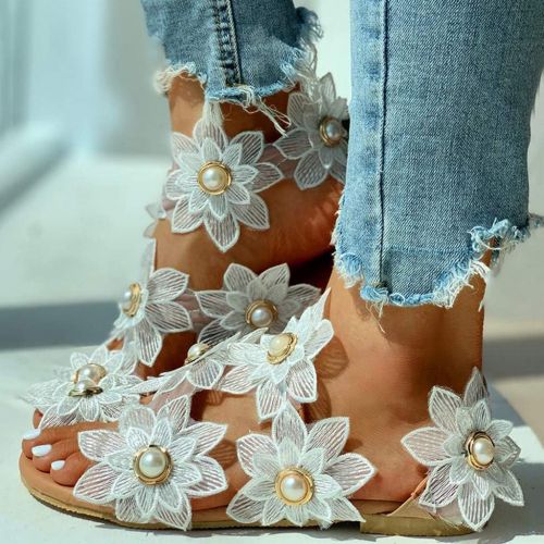  ZBYY Womens Floral Pearl Flat Sandals Gladiator Toe Ring Beach Shoes Bohemian Comforty Summer Flat Flip Flops Shoes