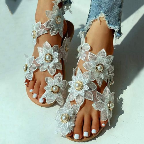  ZBYY Womens Floral Pearl Flat Sandals Gladiator Toe Ring Beach Shoes Bohemian Comforty Summer Flat Flip Flops Shoes