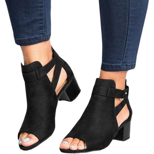  ZBYY Womens Cutout Ankle Strap Buckle Sandals Hollow Out Side Zipper Chunky Heeled Open Toe Pumps Sandals Dress Shoes