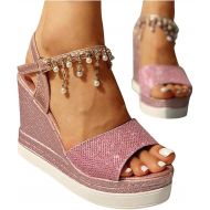 ZBYY Womens Wedge Platform Sandal,Summer Dressy with Pearl Open Toe Platform Sandals Ankle Strap High Heels Sandals