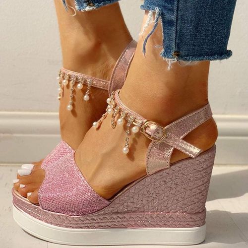  ZBYY Womens Wedge Platform Sandal,Summer Dressy with Pearl Open Toe Platform Sandals Ankle Strap High Heels Sandals