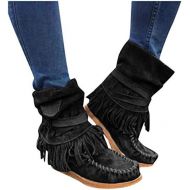 [아마존베스트]ZBYY Tassel Boots for Women Low Heel Suede Ankle Booties Winter Rome Vintage Fringe Buckle Knight Mid-Calf Flat Shoes