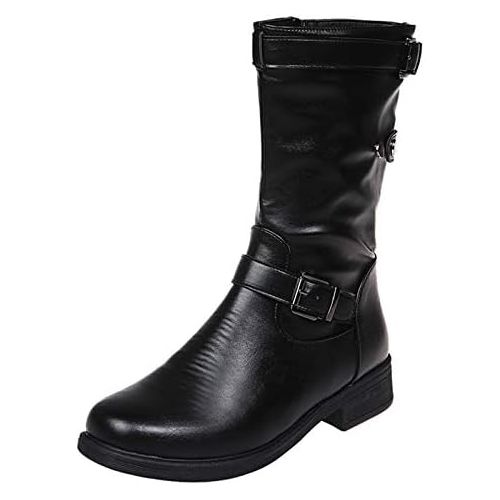  [아마존베스트]ZBYY Womens Mid Calf Boots Winter Round Toe Flat Low Block Heel Buckle Strap Faux Leather Zipper Riding Booties