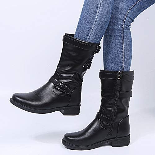  [아마존베스트]ZBYY Womens Mid Calf Boots Winter Round Toe Flat Low Block Heel Buckle Strap Faux Leather Zipper Riding Booties