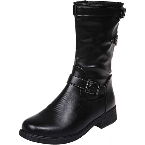  [아마존베스트]ZBYY Womens Mid Calf Boots Winter Round Toe Flat Low Block Heel Buckle Strap Faux Leather Zipper Riding Booties