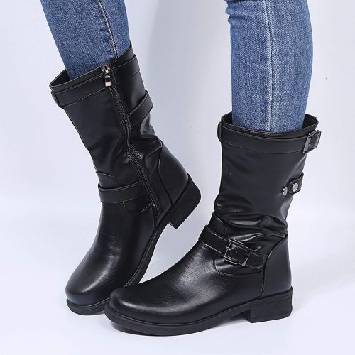  [아마존베스트]ZBYY Womens Mid Calf Boots Winter Round Toe Flat Low Block Heel Buckle Strap Faux Leather Zipper Riding Booties