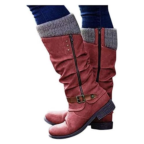  [아마존베스트]ZBYY Womens Knee High Boot,Winter Warm Side Zipper Knee High Riding Boots Low Heel Buckle Mid Calf Fashion Boots