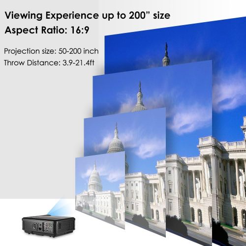  ZCGIOBN LED Video Projector, Support HD 1080P 4400 Lux Home Cinema Projector with HDMI Input, 200” Display, Built-in Dual Speakers, Compatible with iPhone, Laptop, PC, DVD, PS4 for Outdoor