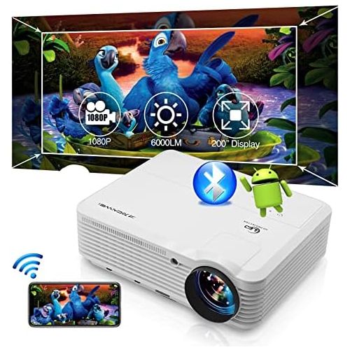  ZCGIOBN WiFi Projector for Wireless Phone Mirroring, 6000L Movie Projector for Indoor Outdoor Theater 1080P Full HD and 200 Display, Smart Android Projector with Digital Zoom for TV Stick/