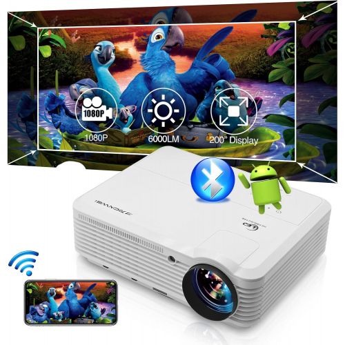  ZCGIOBN WiFi Projector for Wireless Phone Mirroring, 6000L Movie Projector for Indoor Outdoor Theater 1080P Full HD and 200 Display, Smart Android Projector with Digital Zoom for TV Stick/