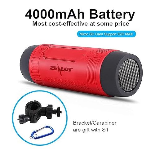  ZEALOT Portable Bluetooth Speaker, Outdoor Speaker, S1 Wireless/Wired for Bicycle, Stereo Waterproof, 4000mAh, LED Light, AUX, TF Card, Microphone +Bike Mount, Carabiner (Red)