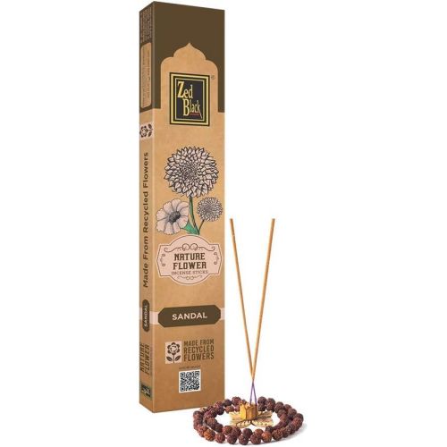 제드 인센스스틱 Zed Black Nature Flower Incense Sticks in Sandal Fragrances Pack of 12 (Each Packet Contains 12 Gram Incense Stick) - Made with Recycled Flowers Collected from Temples