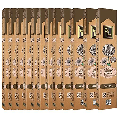 제드 인센스스틱 Zed Black Nature Flower Incense Sticks in Sandal Fragrances Pack of 12 (Each Packet Contains 12 Gram Incense Stick) - Made with Recycled Flowers Collected from Temples