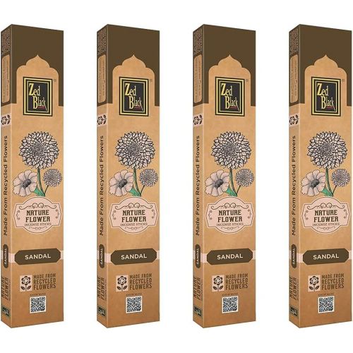 제드 인센스스틱 Zed Black Nature Flower Incense Sticks in Sandal Fragrances Pack of 12 (Each Packet Contains 12 Gram Incense Stick) - Made with Recycled Flowers Collected from Temples