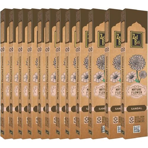 제드 인센스스틱 Zed Black Nature Flower Incense Sticks in Sandal Fragrances Pack of 12 (Each Packet Contains 12 Gram Incense Stick) - Made with Recycled Flowers Collected from Temples