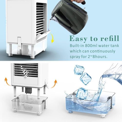  ZEEF Personal Air Cooler Built-in 5000mAh Rechargeable Battery, Portable Conditioner Fan with 3 Wind Speeds Refrigeration, 1 2 4 8H Timer Ice for Home Bedroom Office Outdoor, White