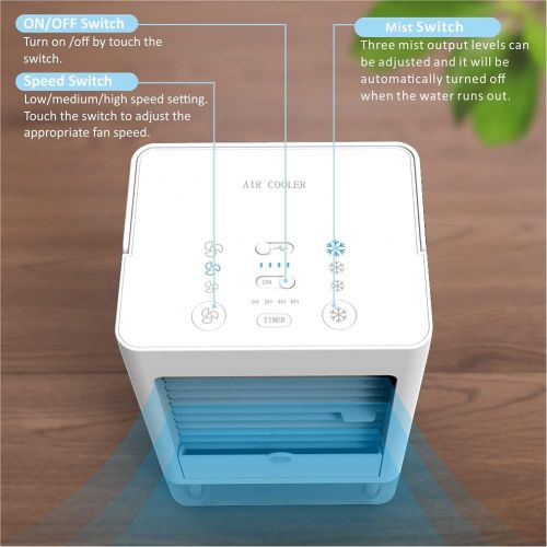  ZEEF Personal Air Cooler Built-in 5000mAh Rechargeable Battery, Portable Conditioner Fan with 3 Wind Speeds Refrigeration, 1 2 4 8H Timer Ice for Home Bedroom Office Outdoor, White