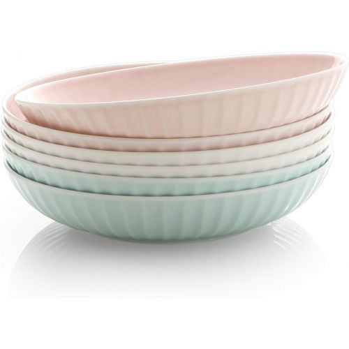 [아마존베스트]ZEN Pleats Porcelain Salad Pasta Bowls 23oz Set of 6 (Mixed Color)