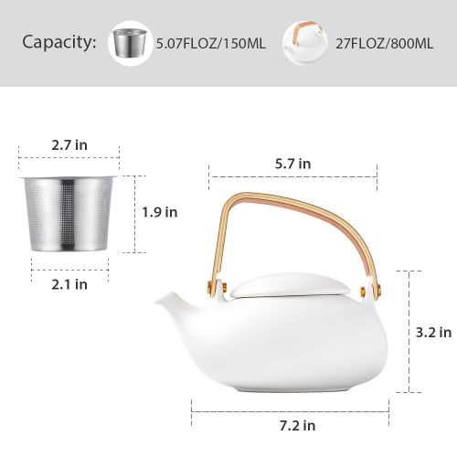  ZENS ModernTeapotWhite, 27oz/800ml Smooth Matte CeramicTeapotwithRemovableStainless Steel Infuser and Bentwood Handle forLoose Leaf Tea