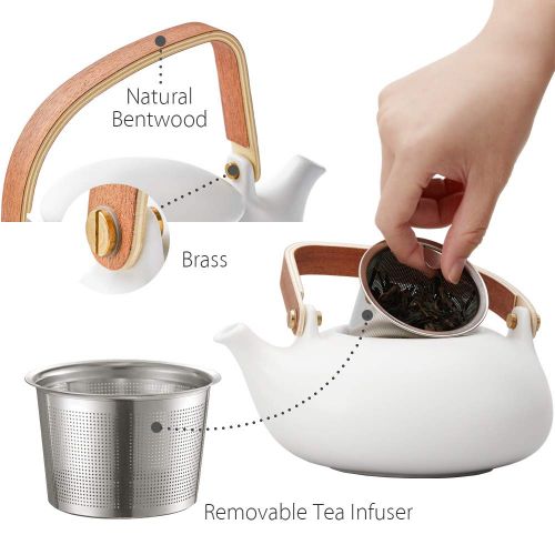  ZENS ModernTeapotWhite, 27oz/800ml Smooth Matte CeramicTeapotwithRemovableStainless Steel Infuser and Bentwood Handle forLoose Leaf Tea