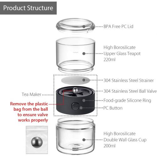  ZENS Teeflasche mit Sieb, doppelwandig Teebereiter, Reise Tee Set Teekanne & Tasse Set, aus Glas mit Edelstahl Sieb, Schwarz Tragetasche fuer Buero