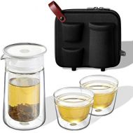 ZENS Teekanne Glas Tragbare Teeflasche mit Sieb Teezubereiter mit 2 x doppelwandigen Tasse, 1x Tragetasche fuer Reise Picknick Camping unterwegs Mobiles Mond-Teeservice