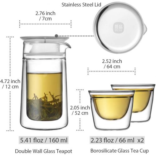  ZENS Teekanne Glas Tragbare Teeflasche mit Sieb Teezubereiter mit 2 x doppelwandigen Tasse, 1x Tragetasche fuer Reise Picknick Camping unterwegs Mobiles Mond-Teeservice