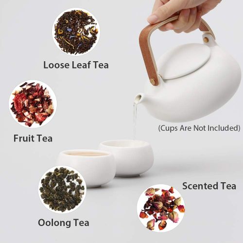  ZENS Zens Cobblestone Outdoor Japanese Chinese Porcelain Teapot with Infuser Strainer for Loose Leaf Tea White Ceramic and Smooth Wooden Handle Blooming Flower (800ml/28.22oz)