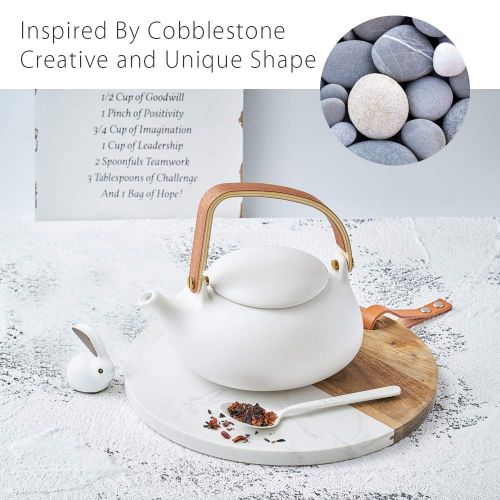  ZENS Zens Cobblestone Outdoor Japanese Chinese Porcelain Teapot with Infuser Strainer for Loose Leaf Tea White Ceramic and Smooth Wooden Handle Blooming Flower (800ml/28.22oz)