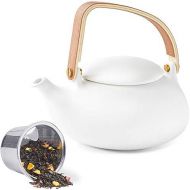 ZENS Zens Cobblestone Series Outdoor High-Quality Porcelain Tea Set, Tea Pot with Smooth Wood Handle & 2Multi Use Cups with Saucers and 1stainless steel egg strainer (White)