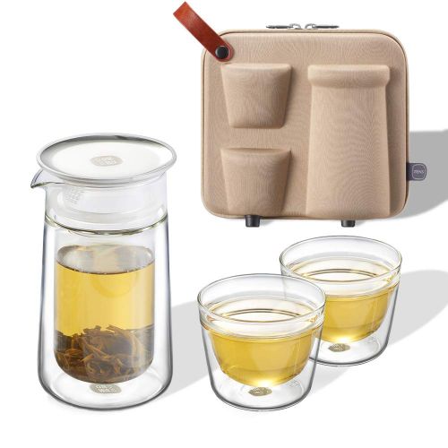  ZENS Zens Reise-Teeset, doppelwandige Teekanne mit Teesieb, zwei Tassen und tragbarer Tragetasche, Camping Pinics Geschenk beige