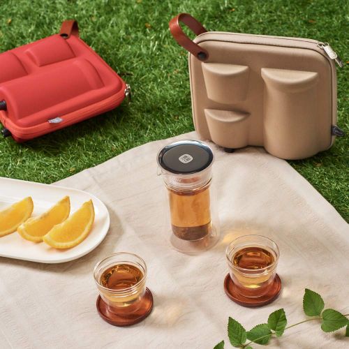  ZENS Zens Reise-Teeset, doppelwandige Teekanne mit Teesieb, zwei Tassen und tragbarer Tragetasche, Camping Pinics Geschenk beige