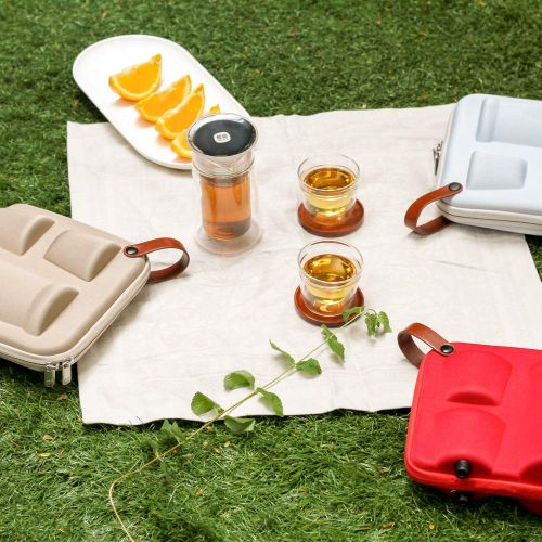  ZENS Zens Reise-Teeset, doppelwandige Teekanne mit Teesieb, zwei Tassen und tragbarer Tragetasche, Camping Pinics Geschenk beige