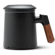[아마존베스트]ZENS Tea Mug with Infuser,13.5 Ounce Stoneware Glazed Ceramic Tea Cup with Lid and Rosewood Handle for Steeping Loose Leaf Tea, Black