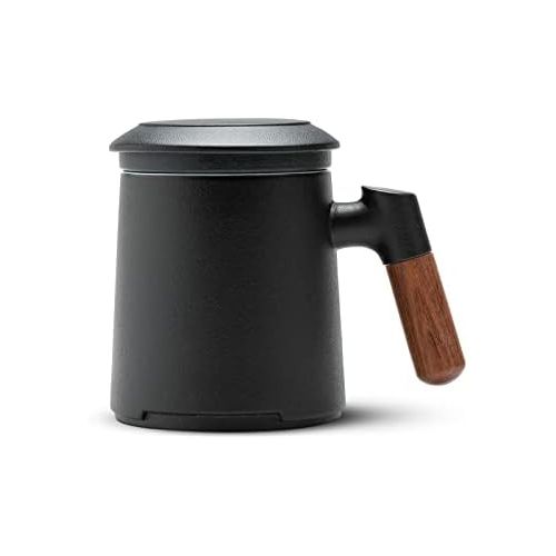  [아마존베스트]ZENS Tea Mug with Infuser,13.5 Ounce Stoneware Glazed Ceramic Tea Cup with Lid and Rosewood Handle for Steeping Loose Leaf Tea, Black