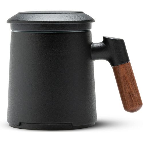  [아마존베스트]ZENS Tea Mug with Infuser,13.5 Ounce Stoneware Glazed Ceramic Tea Cup with Lid and Rosewood Handle for Steeping Loose Leaf Tea, Black