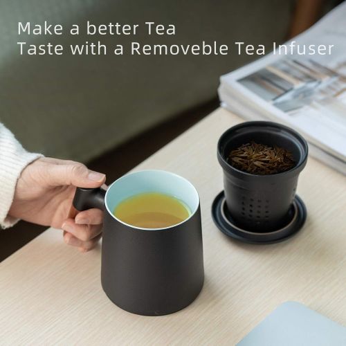  [아마존베스트]ZENS Tea Mug with Infuser,13.5 Ounce Stoneware Glazed Ceramic Tea Cup with Lid and Rosewood Handle for Steeping Loose Leaf Tea, Black